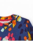 Maglione in maglia blu navy per bambina con stampa multicolore di macchie.