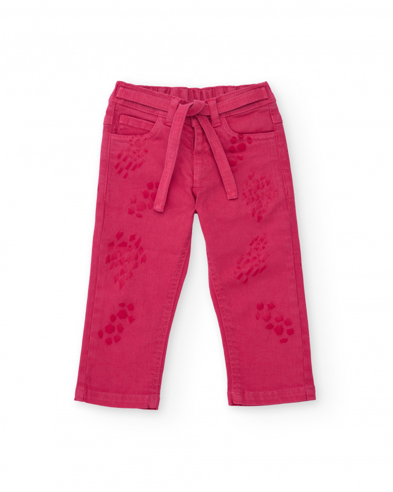 Pantaloni in gabardine fucsia per bambina con cintura coordinata.