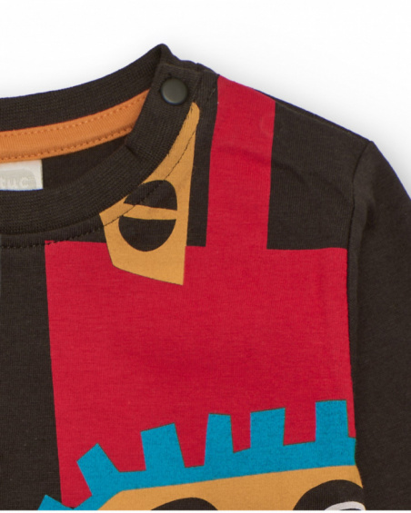 Maglietta a maniche lunghe per bambino in marrone con stampa di veicoli