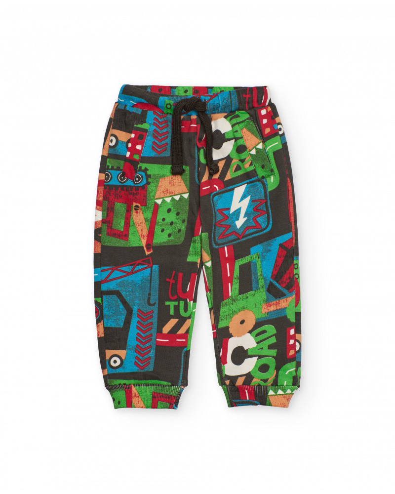 Pantaloni per bambino in marrone con stampa integrale di veicoli