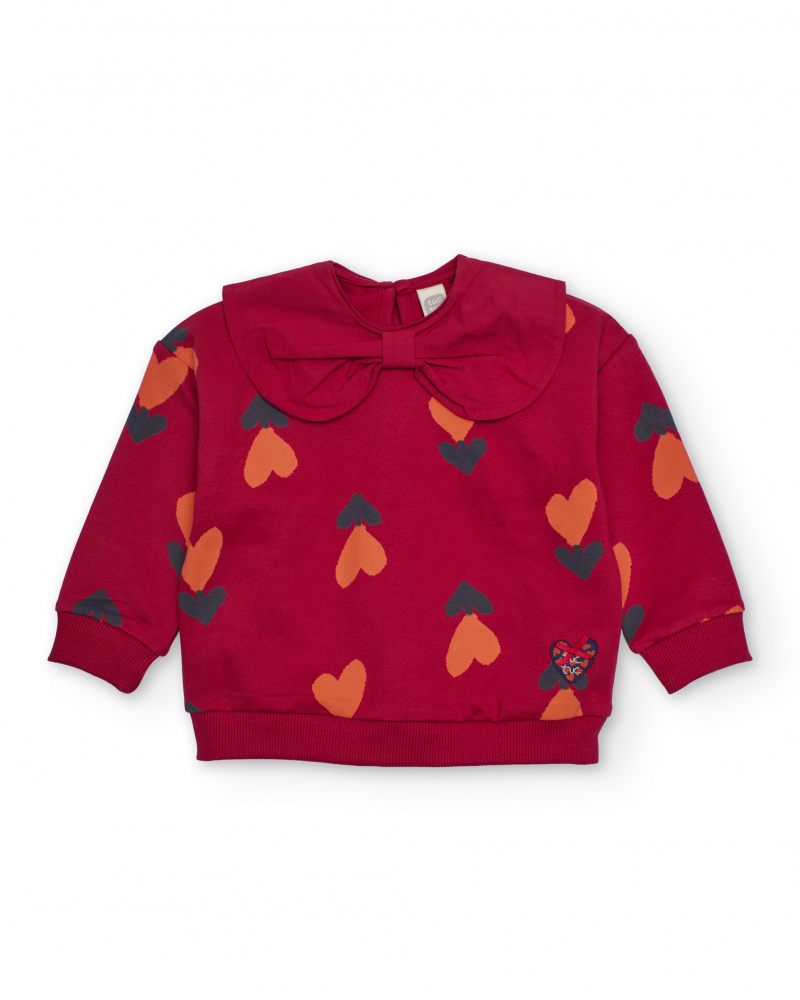 Felpa per bambina rossa con cuori e colletto con fiocco