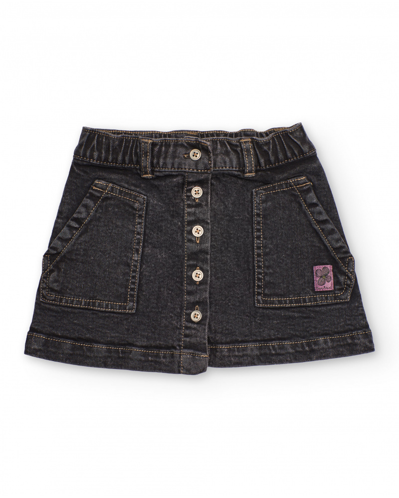 Falda niña en denim negro con bolsillos de parche y botones