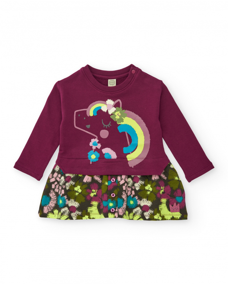 Vestito felpa per bambina bordeaux con unicorno e gonna stampata
