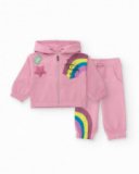 Completo felpa e pantaloni per bambina rosa con stampa arcobaleno