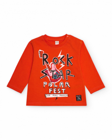 Maglietta a maniche lunghe per bambino in rosso con stampa rock.