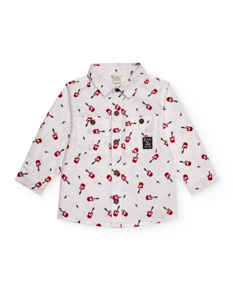 Camicia bianca per bambino con stampa di chitarre.