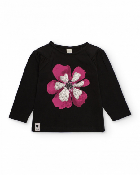 Maglietta nera da bambina con fiore fucsia e paillettes Maglietta nera da bambina con fiore fucsia e paillettes