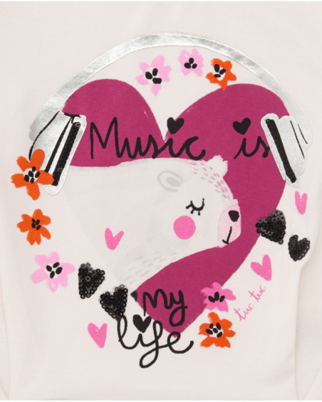 Maglietta color panna da bambina con stampa musicale e glitter