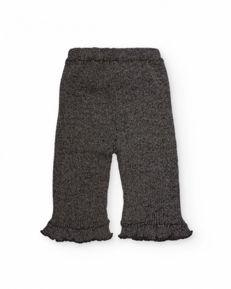 Pantaloni in maglia per bambina in grigio con volant sull’orlo.