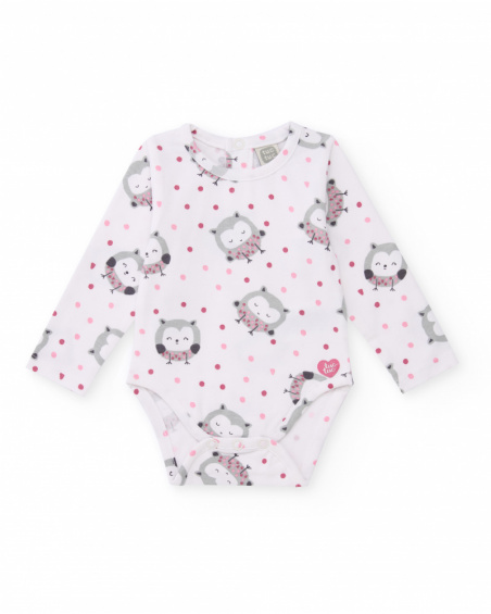 Set di due body per bambina nei toni del rosa con stampe di uccellini e gufetti Set di due body per bambina nei toni del rosa con stampe di uccellini e gufetti
