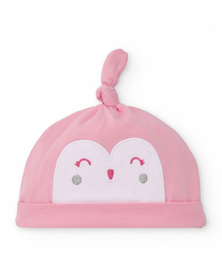 Cappellino per bambina rosa con nodo e faccina ricamata