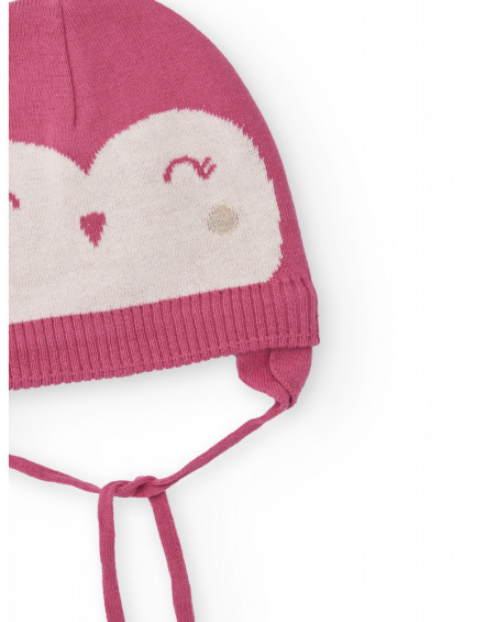 Cappellino a maglia per bambina rosa con disegno di viso sorridente Cappellino a maglia per bambina rosa con disegno di viso sorridente