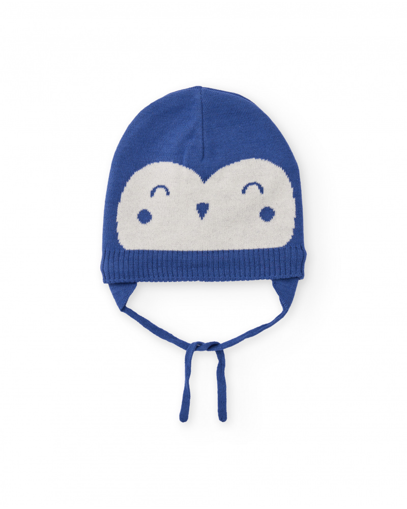 Cappellino in maglia blu navy per neonato con disegno di faccina di gufo