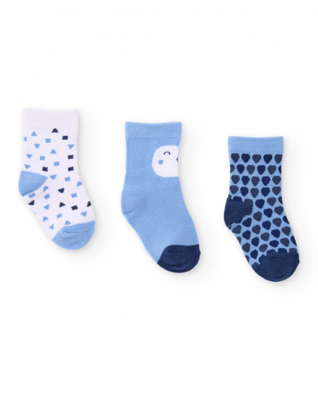 Set di tre paia di calzini per neonato in blu e bianco con stampe divertenti
