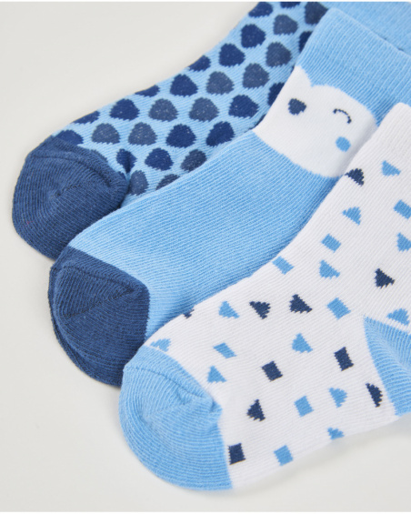 Set di tre paia di calzini per neonato in blu e bianco con stampe divertenti