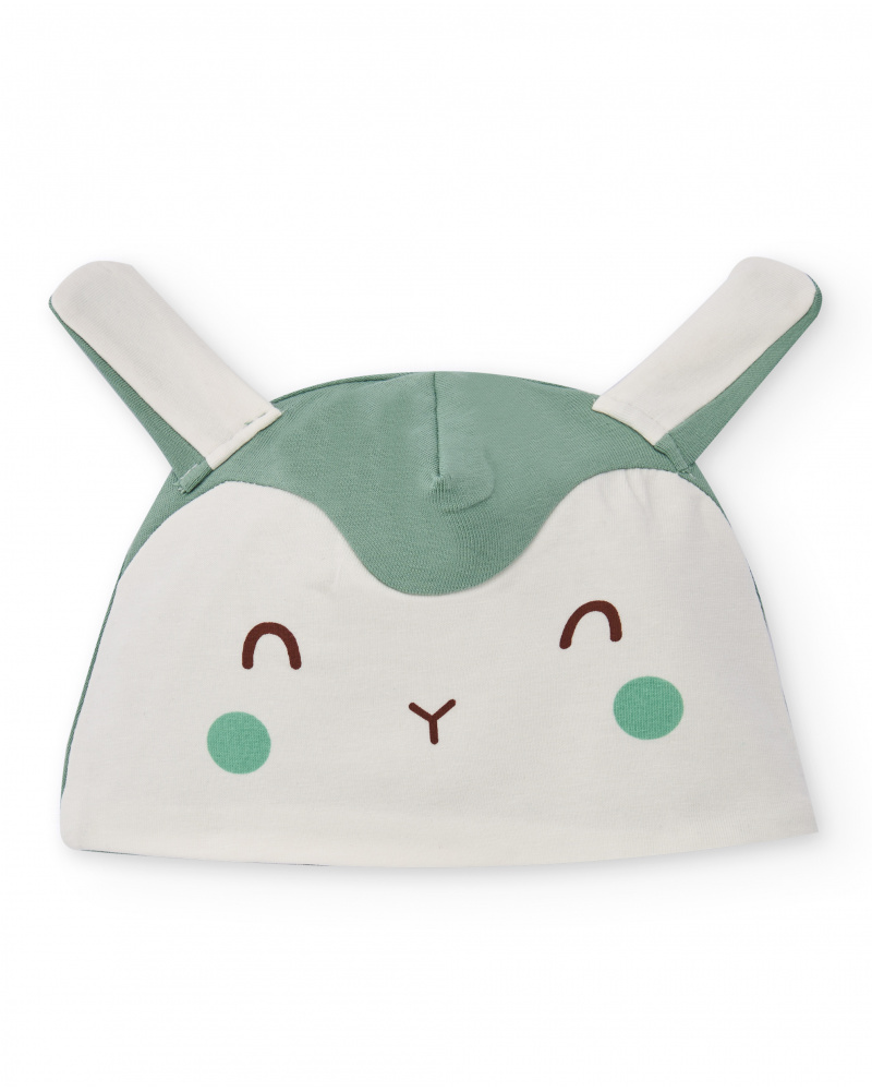 Cappellino in cotone per neonato nei toni del verde e bianco con faccina sorridente