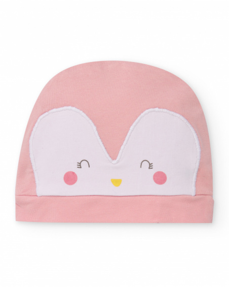 Cappellino in maglia per neonato colore rosa con applicazione pinguino