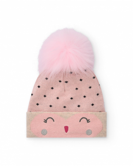 Cappellino per bambina rosa con pon pon e disegno di faccina Cappellino per bambina rosa con pon pon e disegno di faccina