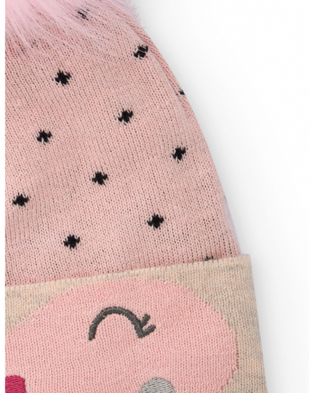 Cappellino per bambina rosa con pon pon e disegno di faccina Cappellino per bambina rosa con pon pon e disegno di faccina
