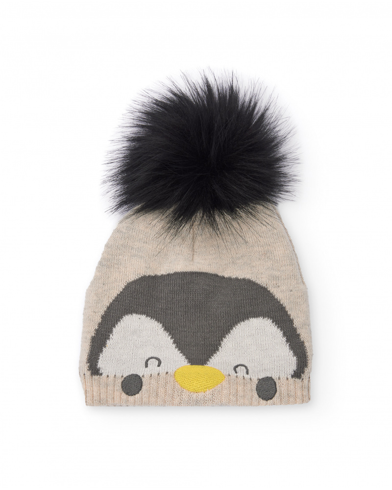 Cappellino in maglia per neonato beige con disegno di pinguino e pon pon nero
