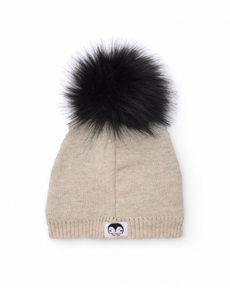 Cappellino in maglia per neonato beige con disegno di pinguino e pon pon nero