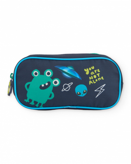 Astuccio scolastico blu per bambino con stampa di extraterrestri e pianeti.
