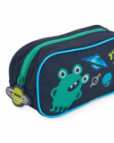 Astuccio scolastico blu per bambino con stampa di extraterrestri e pianeti.