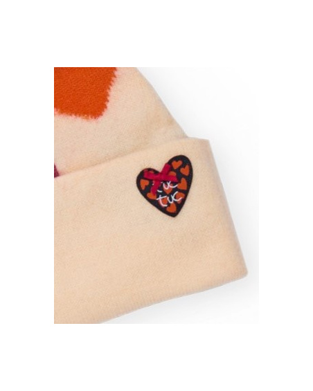 Berretto lavorato a maglia per bambina in beige con cuori multicolore