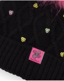 Berretto in maglia per bambina nero con pompon rosa e paillettes