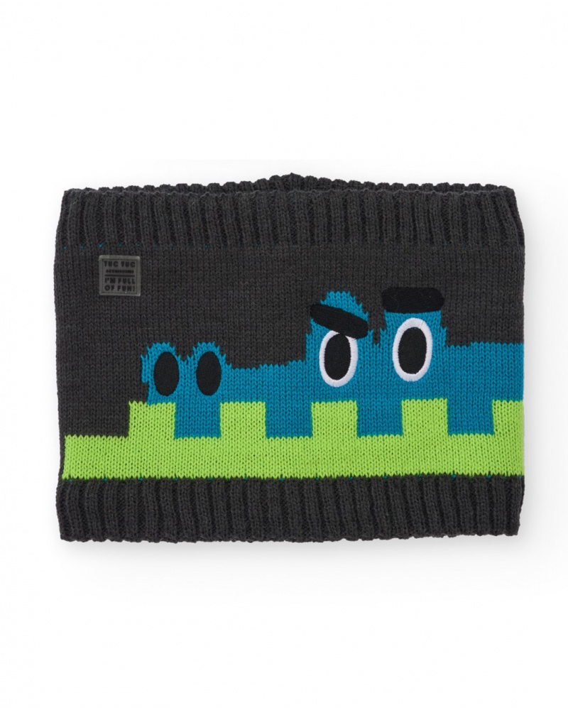 Collo in maglia per bambino in grigio scuro con design di coccodrillo.