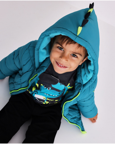 Giubbotto imbottito per bambino in blu petrolio con cappuccio e dettagli 3D