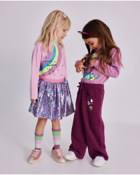 Pantalone ampio in felpa per bambina color bordeaux con ricamo di cuori