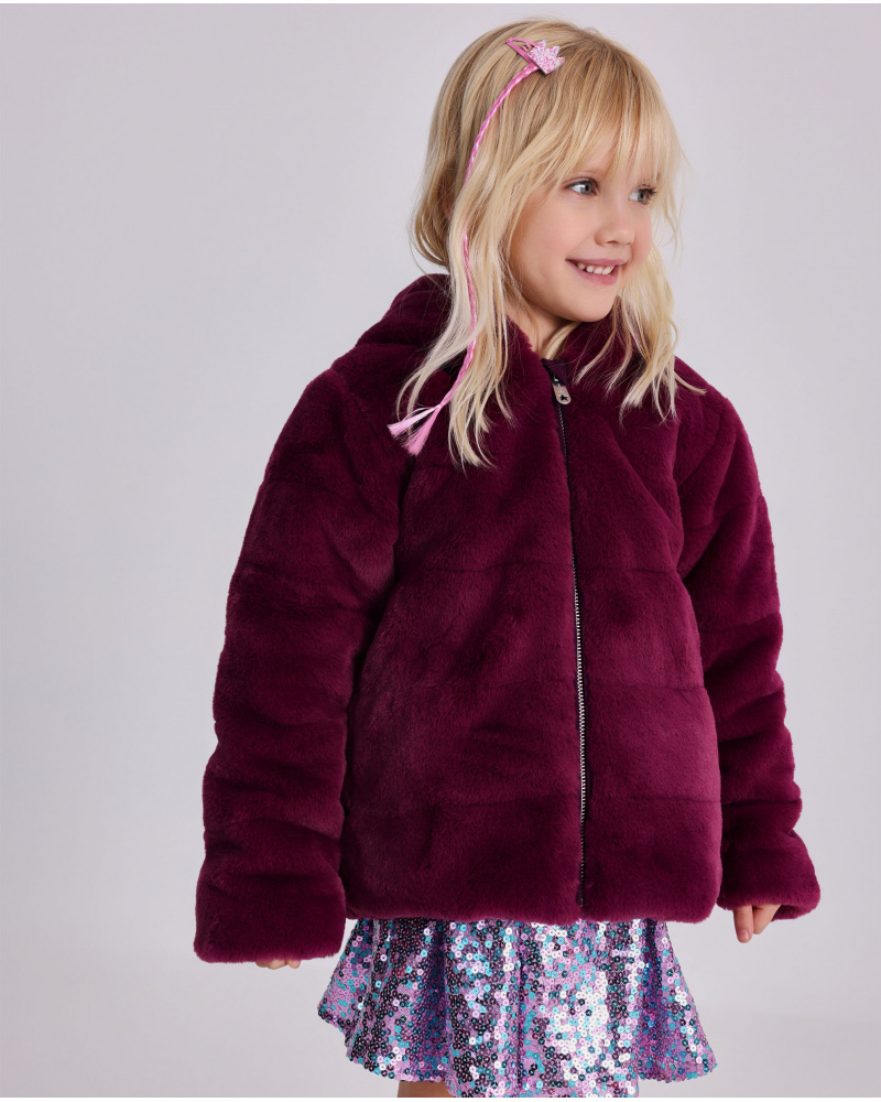 Giacca in pelliccia per bambina color bordeaux con cappuccio e fodera floreale