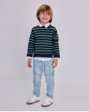 Maglione in maglia per bambino blu navy con righe colorate e ricamo di razzo spaziale.