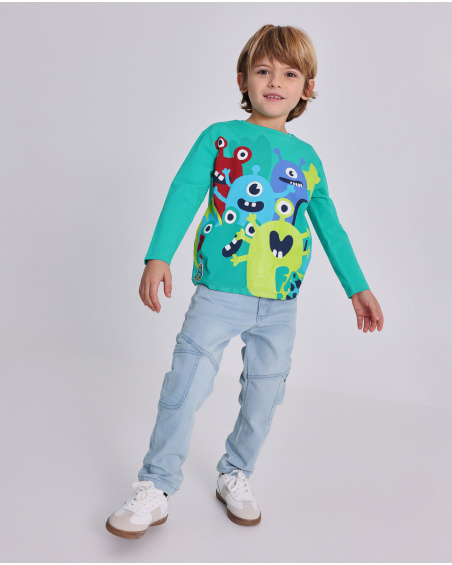 Maglietta in jersey per bambino verde con stampa di mostri.