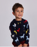 Maglione in maglia per bambino blu navy con sagome di cani colorati