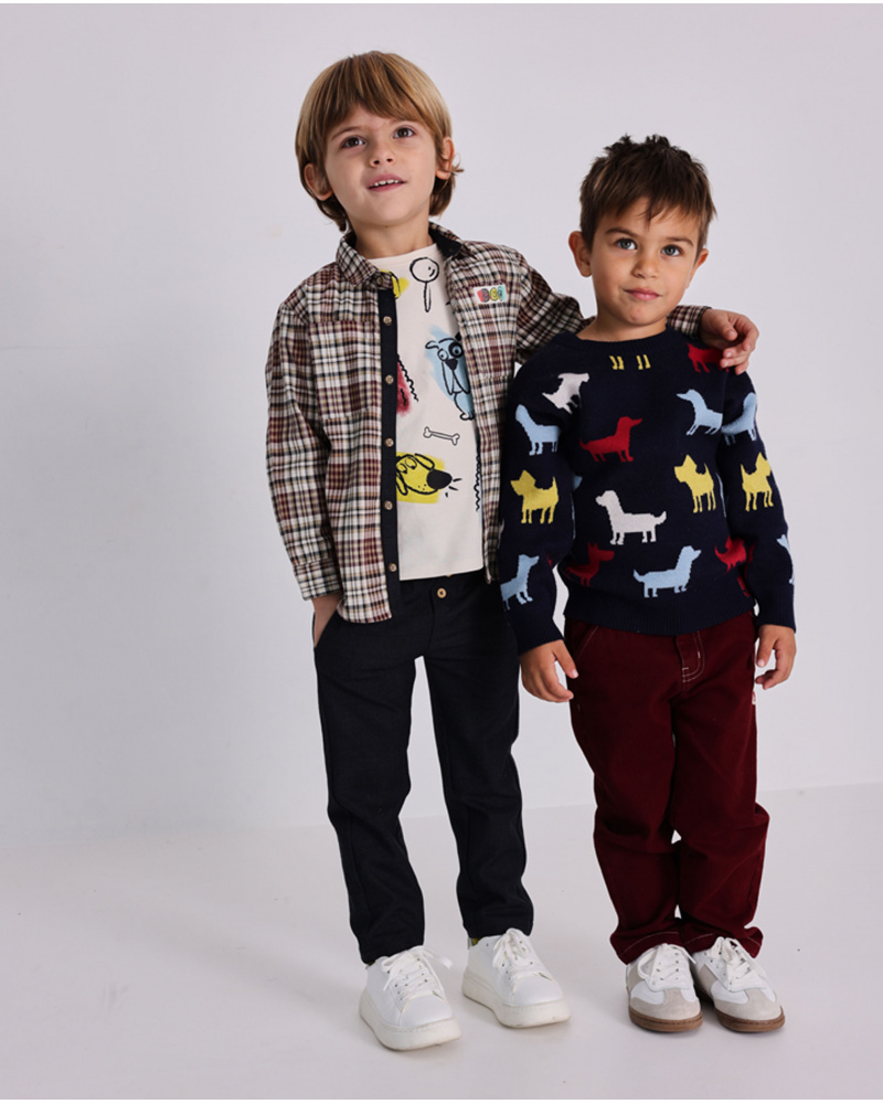 Camicia a maniche lunghe per bambino in bordeaux con motivo a quadri