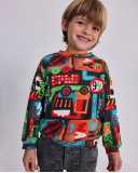 Felpa per bambino in nero con stampa multicolore di veicoli Felpa per bambino in nero con stampa multicolore di veicoli