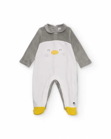 Tutina in velluto grigio per bambino con motivo di pinguino