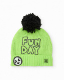 Cappello in maglia verde per bambino con pon pon e ricamo