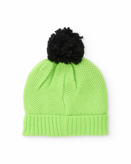Cappello in maglia verde per bambino con pon pon e ricamo