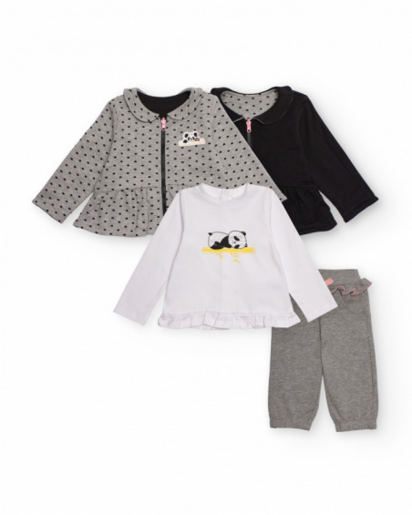 Set di quattro pezzi per bambina con design panda, che include giacche, maglietta e pantaloni in