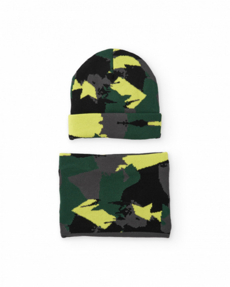 Set da bambino con berretto e scaldacollo in maglia fantasia mimetica verde e gialla