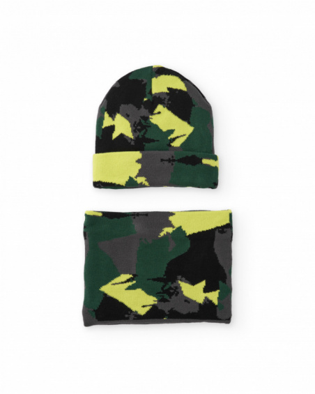 Set da bambino con berretto e scaldacollo in maglia fantasia mimetica verde e gialla