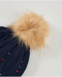 Completo cappello e scaldacollo da bambina in maglia blu navy con pompon in pelliccia