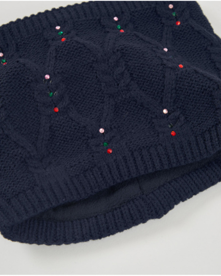 Completo cappello e scaldacollo da bambina in maglia blu navy con pompon in pelliccia