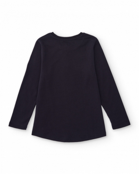 Maglietta blu navy a maniche lunghe da bambina con stampa a pois colorati