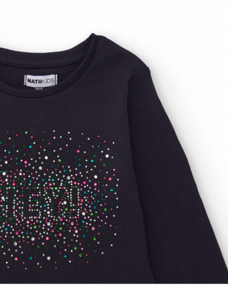 Maglietta blu navy a maniche lunghe da bambina con stampa a pois colorati