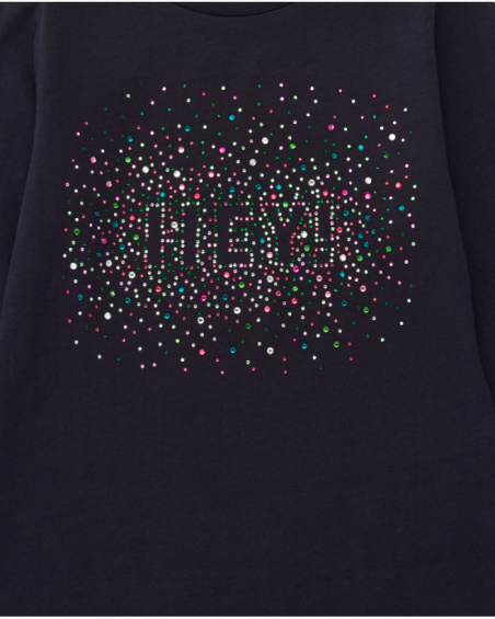 Maglietta blu navy a maniche lunghe da bambina con stampa a pois colorati