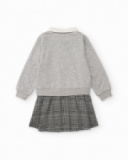 Vestito felpa per bambina grigio con colletto camicia e gonna a quadri